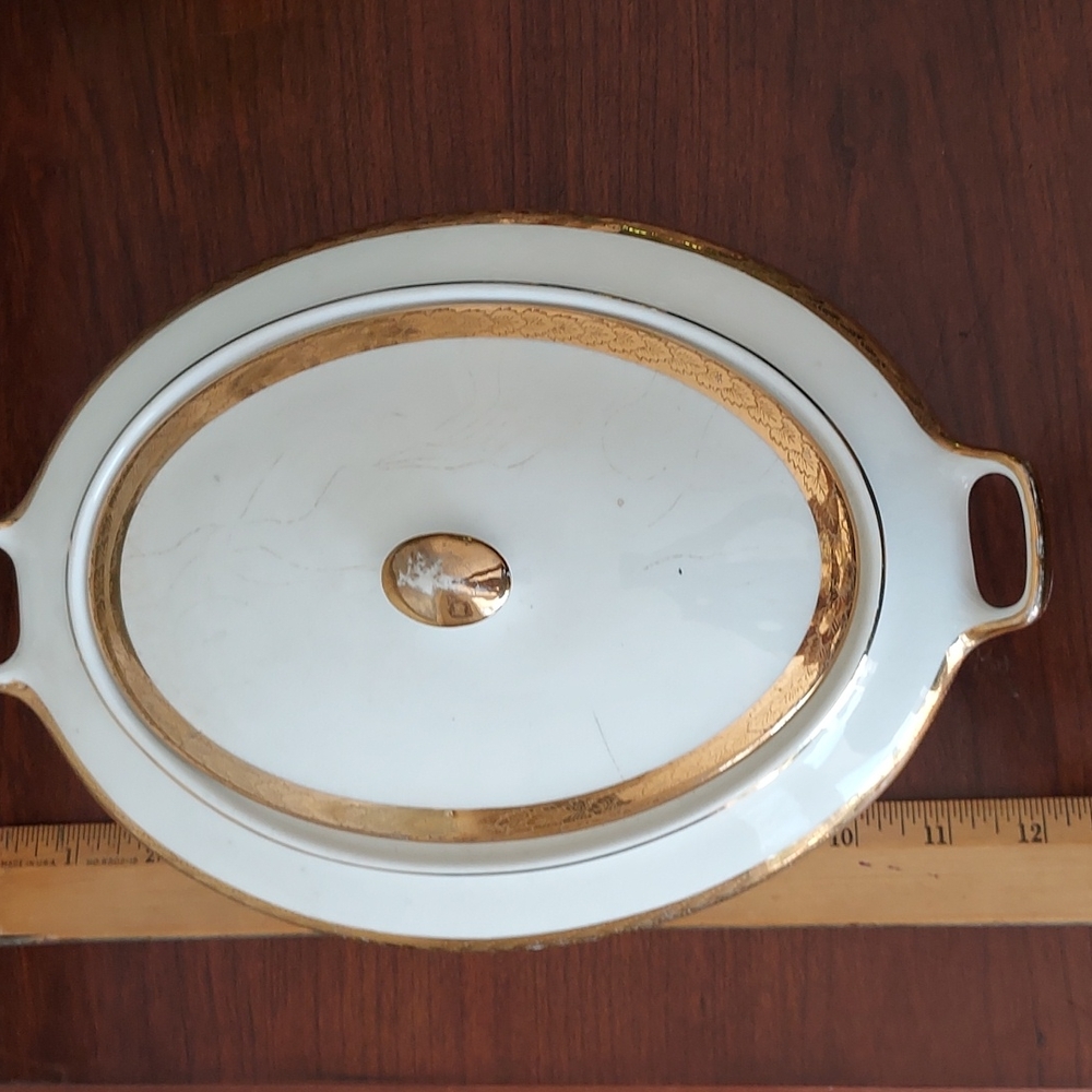 Saxon China 18k gold 6090g covered dish Vintage ivory gold leaf 🌿 trim cira1915 - Picture 12 of 16